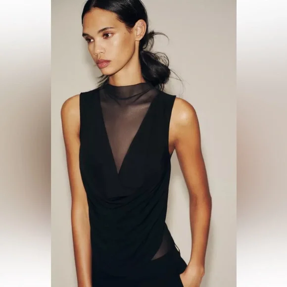 NWT Zara Sheer Tulle Draping Fabric High Neck Sleeveless Black Bodysuit Size XS - Picture 3 of 12